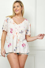 Load image into Gallery viewer, PLUS SIZE FLORAL PRINT SMOCKED TOP PEACH CORAL GREEN
