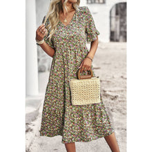 Load image into Gallery viewer, Floral Print Fit Ruffle Sleeve Midi Dress: BEIGE
