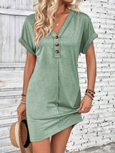 Load image into Gallery viewer, Buckle V-neck Raglan Roll Sleeves Solid Color Dress: Beige
