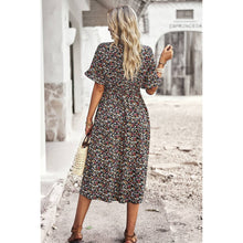 Load image into Gallery viewer, Floral Print Fit Ruffle Sleeve Midi Dress: BEIGE
