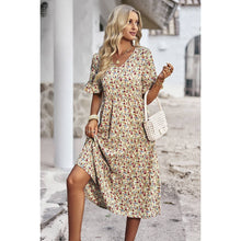 Load image into Gallery viewer, Floral Print Fit Ruffle Sleeve Midi Dress: BEIGE
