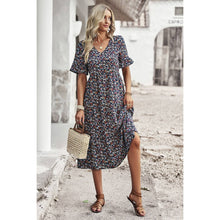 Load image into Gallery viewer, Floral Print Fit Ruffle Sleeve Midi Dress: BEIGE
