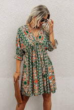Load image into Gallery viewer, V Neck Half Sleeve Graphic Swing Dress: 100%VISCOSE / BEIGE
