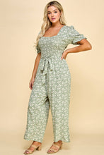 Load image into Gallery viewer, PLUS SIZE SMOCKED TOP PEGGED LEG GAUCHO JUMPSUIT OLIVE/NAT
