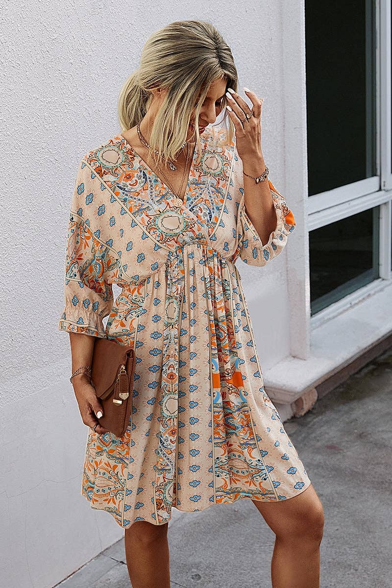 V Neck Half Sleeve Graphic Swing Dress: 100%VISCOSE / BEIGE