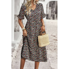 Load image into Gallery viewer, Floral Print Fit Ruffle Sleeve Midi Dress: BEIGE
