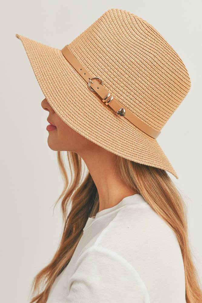 PU Leather Buckled Band Panama Hat: Taupe