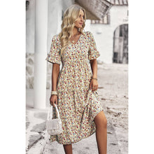 Load image into Gallery viewer, Floral Print Fit Ruffle Sleeve Midi Dress: BEIGE
