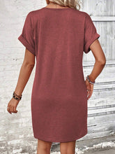 Load image into Gallery viewer, Buckle V-neck Raglan Roll Sleeves Solid Color Dress: Beige
