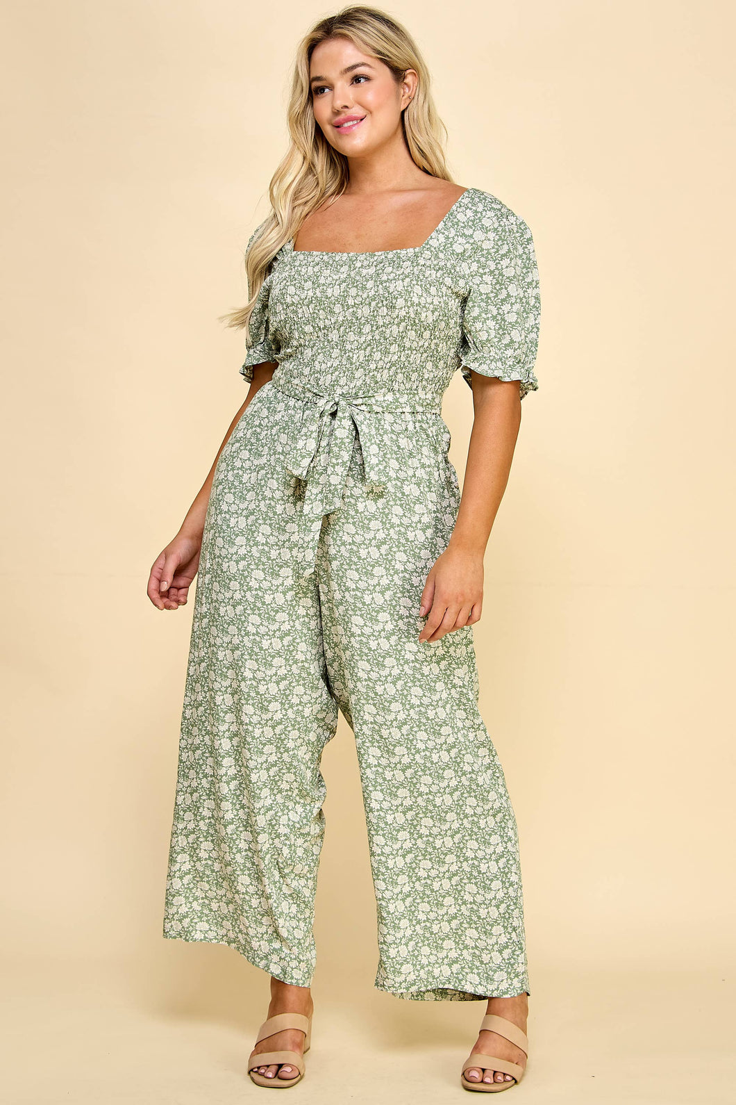 PLUS SIZE SMOCKED TOP PEGGED LEG GAUCHO JUMPSUIT OLIVE/NAT