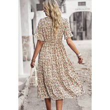 Load image into Gallery viewer, Floral Print Fit Ruffle Sleeve Midi Dress: BEIGE
