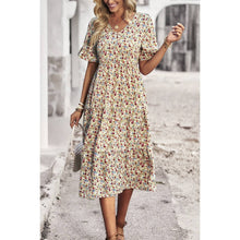 Load image into Gallery viewer, Floral Print Fit Ruffle Sleeve Midi Dress: BEIGE
