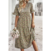 Load image into Gallery viewer, Floral Print Fit Ruffle Sleeve Midi Dress: BEIGE
