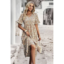 Load image into Gallery viewer, Floral Print Fit Ruffle Sleeve Midi Dress: BEIGE
