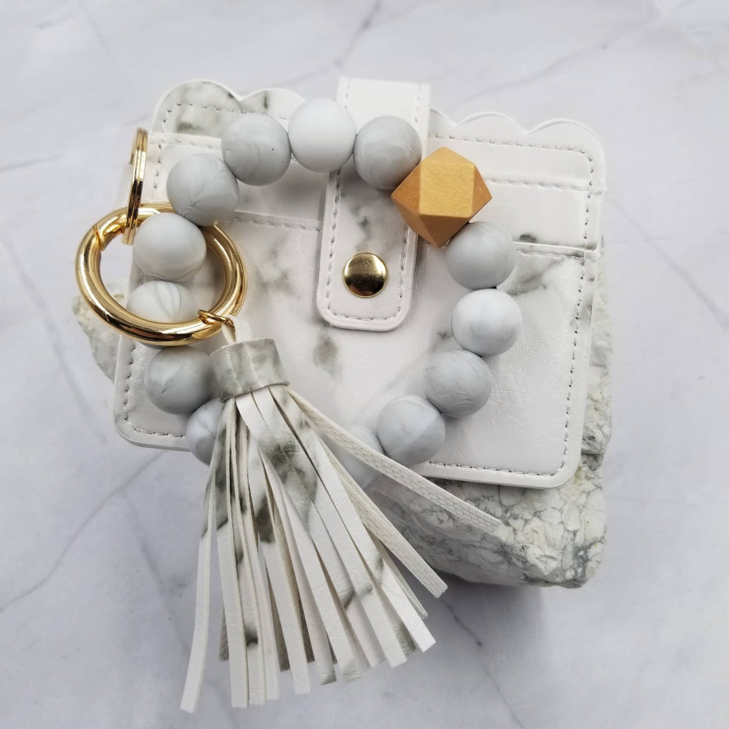 Silicone Bead Bangle Keychain Card Holder Bracelet: White