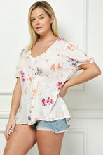 Load image into Gallery viewer, PLUS SIZE FLORAL PRINT SMOCKED TOP PEACH CORAL GREEN

