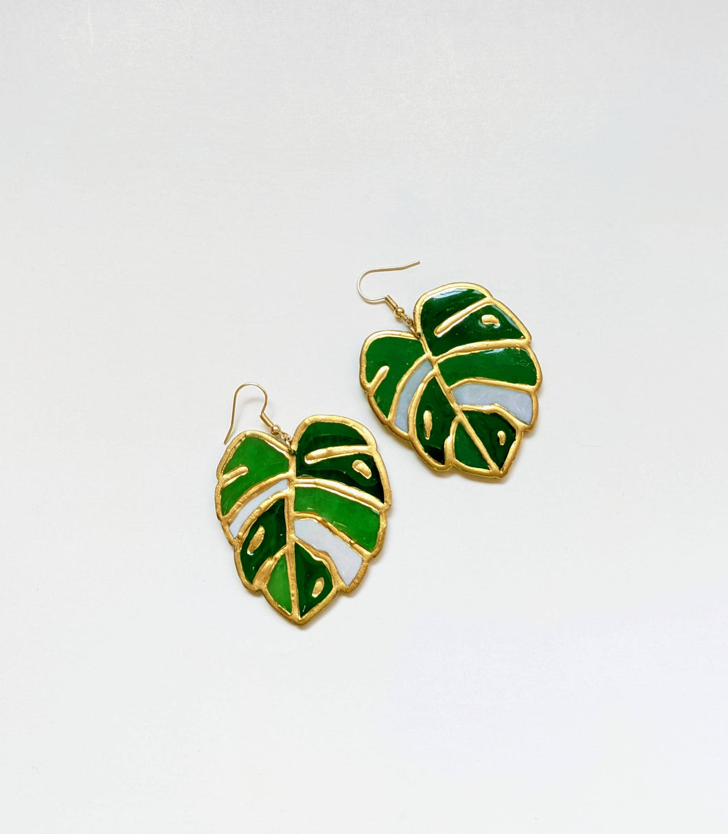 Monstera Leaf Stained Glass Polymer Earrings